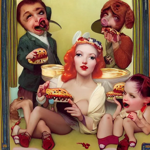 Prompt: hot dogs and yogurt is a messy eating contest, wlop, elvgren, mucha, mark ryden