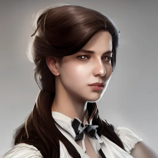 Prompt: epic portrait an woman wearing a white blouse with short sleeves and a black tie, beauty, pretty face, glossy skin, brown tied hair, digital painting, artstation, concept art, soft light, hdri, smooth, sharp focus, illustration, fantasy, intricate, elegant, highly detailed, D&D, matte painting, in the style of Greg Rutkowski and Alphonse Mucha and artemisia, 8k, highly detailed, jurgens, rutkowski, bouguereau, pastoral, rustic, georgic, detailed concept art, illustration, colorful pastel, painting, detail, ultra detailed, digital art, 4K,