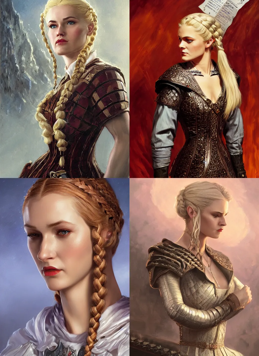 Prompt: a serious looking woman wearing a glossy checkered dress shaped like a chess piece, aquiline nose, blonde braided hair. fantasy concept art. moody epic painting by jc leyendecker, and thomas kinkade. artstationhq. oil painting, realistic. ( dragon age, witcher 3, lotr )