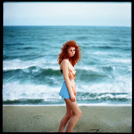 Image similar to portrait photography of a beautiful ginger model with bright blue eyes standing in front of ocean, Joel Meyerowitz, 35mm, kodak film photo