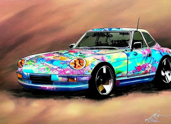 Image similar to beautiful yoshitaka amano art of a datsun fairlady roadster detailed painting