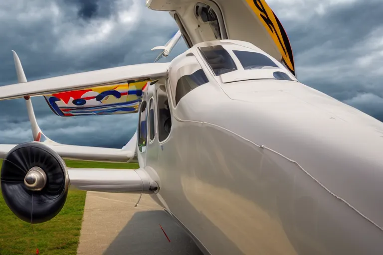 Image similar to close up product photograph of a happy smiling Cessna aircraft caricature, DSLR, raytraced, overcast day, 4k