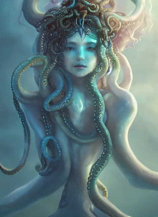 Image similar to A full shot of a cute magical monster girl sea creature Made of opals and tentacles. Fully Clothed. F1.4. Symmetrical. Dark Smoke and VFX. Caustics refraction. Prism light. Demon Horns, Angel Wings, By Giger and Ruan Jia and Artgerm and Range Murata and WLOP and William-Adolphe Bouguereau. Pipes. Lisa Frank Inspired. Key Art. Fantasy Illustration. award winning, Artstation, intricate details, realistic, Hyperdetailed, 8k resolution.