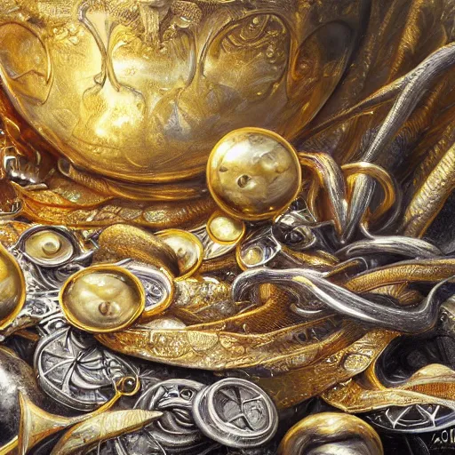 Image similar to a pile of shiny gold and silver treasure, fantasy art, trending on art station, highly detailed, hyper realism, art,