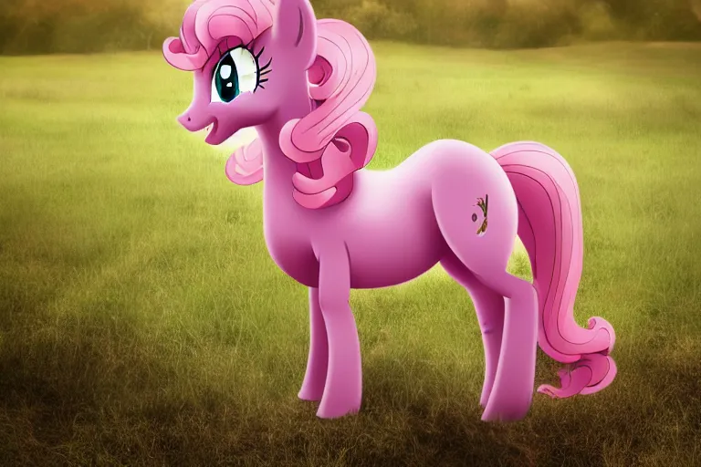 Image similar to Pinkie Pie equine, back towards camera, facing away, professional photography and mood lighting, equine photo, sitting down, flowing mane and tail, relaxed expression