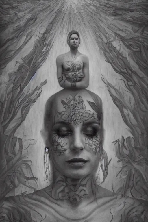 Image similar to tattooed beautiful cult woman in dress, transcendental meditation, expanding consciousness, and smiling, symmetric, dark, moody, eerie religious composition, photorealistic oil painting, post modernist layering, by Sean Yoro