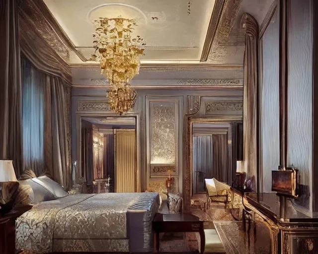 Image similar to a luxury hotel! suite room in the style of imperial! china, art by greg rutkowski and artgerma, stunning! concept art, interior! design