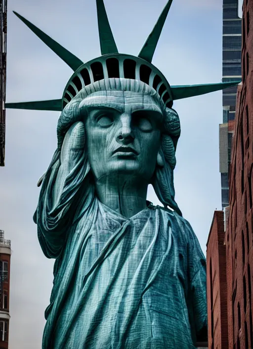 Image similar to giant monster with the face of the statue of liberty walking between buildings