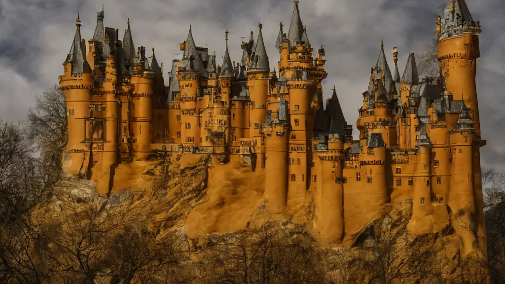 Prompt: open angle photo of a castle made of hardened caramel,