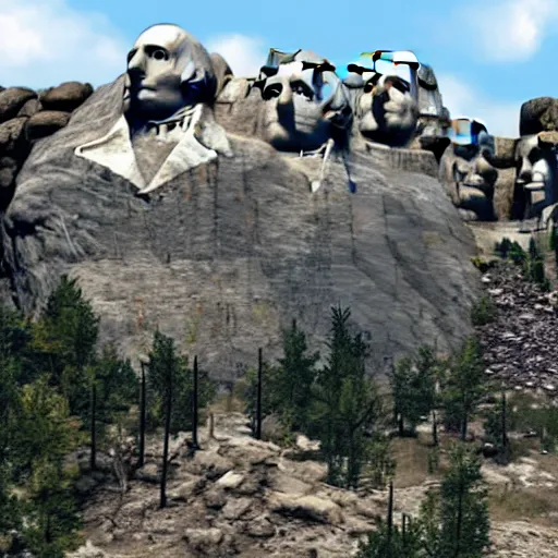 Image similar to mount rushmore in ruins post - nuclear war in fallout 4, in game screenshot