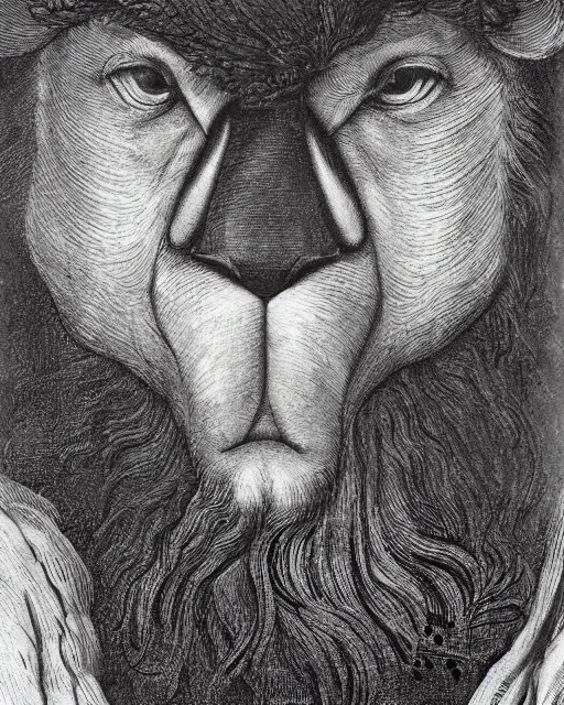 Image similar to a creature, eyes of a man, beak of an eagle, no nose, the mane of a lion, two horns, drawn by da vinci