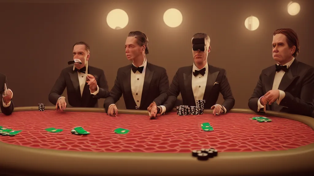 Image similar to hyperrealism simulation highly detailed human turtles'wearing detailed tuxedos and smoking, playing poker in sitcom scene from cyberpunk movie from future by wes anderson and denis villeneuve and mike winkelmann rendered in blender and octane render