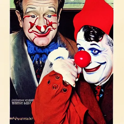 Image similar to Robin Williams wearing clown make up, white face red nose. painted by Norman Rockwell