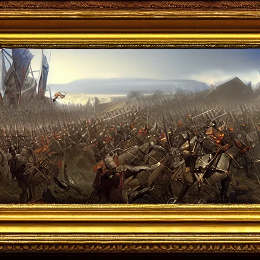 Prompt: mount & blade matte painting 4 k battle scene, oil painting, by greg