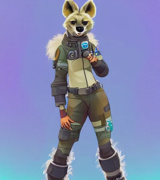 Image similar to full body digital artwork of furry female hyena, in style of zootopia, fursona, furry, furaffinity, deviantart, wearing astronaut outfit, floating in space, cyberpunk, detailed face, style of artgerm,