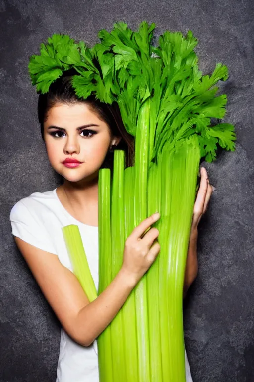 Image similar to selena gomez made out of celery, a human face with celery for hair, a bunch of celery sitting on a cutting board, professional food photography