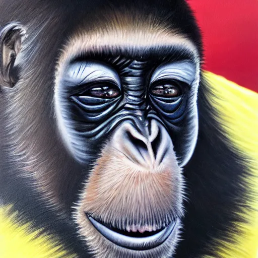 Prompt: a detailed and hyper realistic painting of a monkey wearing a black ski mask