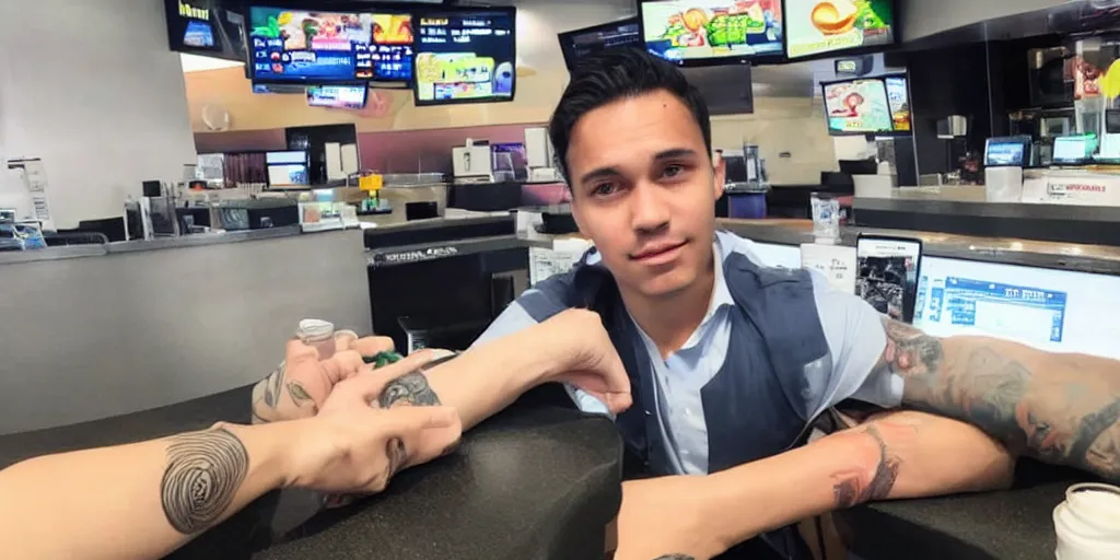 Image similar to ex crypto currency trader working in mcdonals, with bitcoin, etherum, zcoin, usdt tatoos on him arms