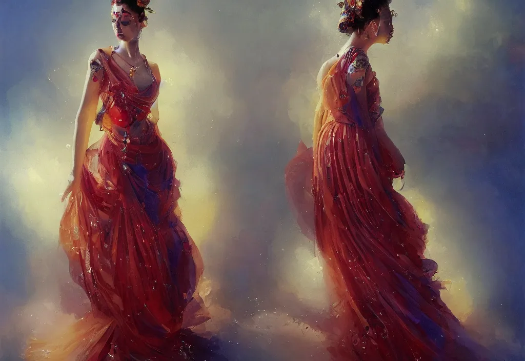 Prompt: full body portrait of a duo of 1 9 years old girl figures, oriental tattoos, jeweled ornament over forehead, subject wearing a pleated high fashion gown, flowing, beautiful, dramatic, cinematic lighting, ultramarine, lemon, fire red, few vivid purple highlights, visible brushstrokes, by greg rutkowski and jeremy mann, artstation, oil on canvas