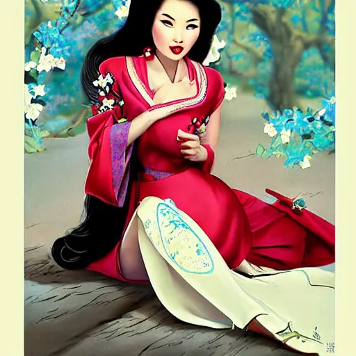 Image similar to pin - up portrait of a beautiful young mulan, pretty long hair, traditional dress, cherry blossoms, intense flirting, showing curves, symmetrical face, digital art, smooth, extremely detailed, model pose, by wu bayard, by gil elvgren, by ralph horsley, by hanks steve