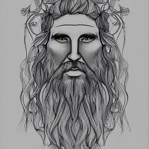 Image similar to huge male druid gray face pointy ears long beard with vines as hair hibiscus flowers detailed drawing