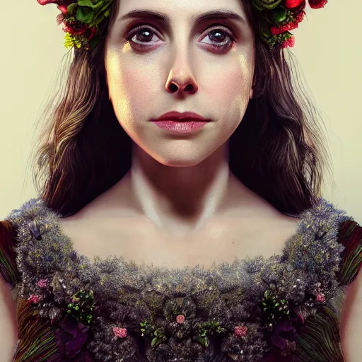 Image similar to intricate highly detailed face portrait of alison brie, flower crown on her head, intricate, cgsociety, unreal engine, octane render, sharp focus, smooth, volumetric lighting, cinematic composition, artstation