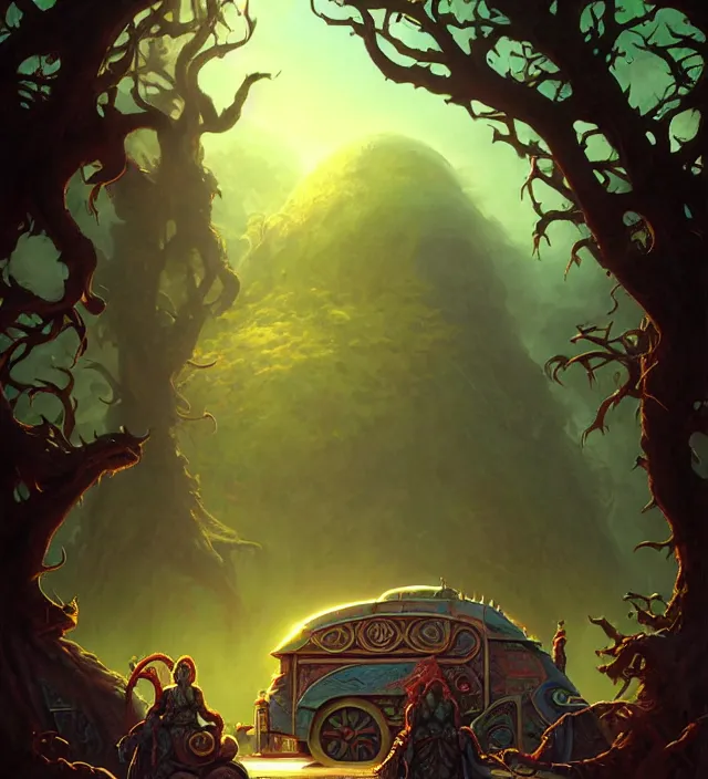 Prompt: subsurface scattering, a caravan rests at the verdant oasis, the art of athas and dark sun, brom's dark sun art on a 7 0's style fantasy novel cover, digital painting by brom, amazingly detailed d & d art, concept art, intricate details, beautiful, volumetric lighting, ultrarealistic, cgsociety, square enix cinematic art