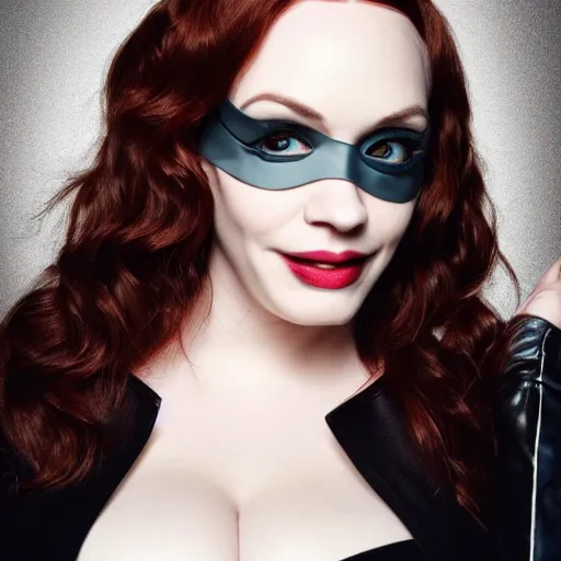 Prompt: Fully-clothed full-body portrait of Christina Hendricks as catwoman with eyes covered, XF IQ4, 50mm, F1.4, studio lighting, professional, 8K