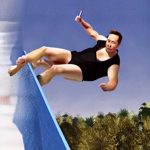 Image similar to elon musk going down a waterslide, photorealistic,