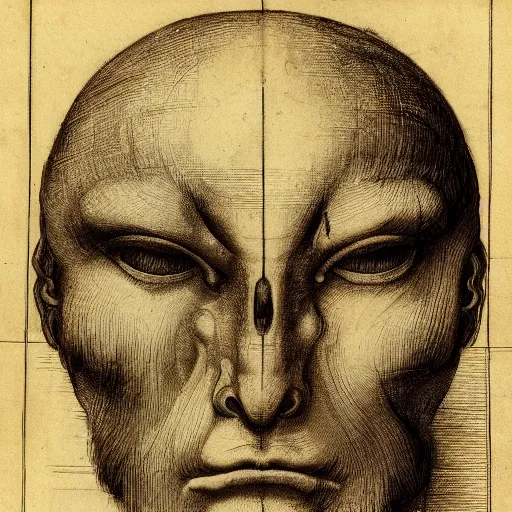 Image similar to head with four faces creature, drawn by da vinci