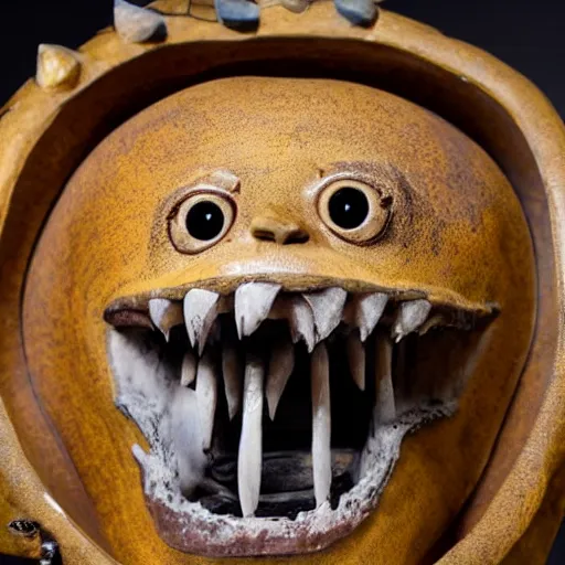 Image similar to a taxidermized smiling horror of the abyss, in a museum, on a pedestal, 8 5 mm lens, 7 0 mm entrance pupil diameter, close - up photograph, high detail, 4 k, soft focus, depth of field