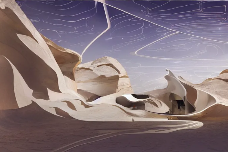 Prompt: modern chic futuristic luxurious house with white and gold intricate details, luxurious, located on Antelope canyon, rocks formed by water erosion, walls made of beautiful smooth sandstone with light beams that shine through, polish narrow slots of walls into a striated swirling finish, digital painting, concept art, smooth, sharp focus, from Star Trek 2021, illustration, by WLOP and Ruan Jia and Mandy Jurgens and William-Adolphe Bouguereau, Artgerm