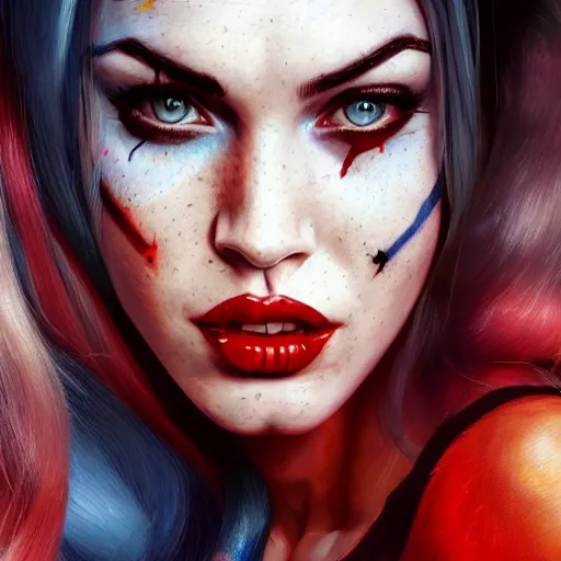 Image similar to portrait of megan fox as harley quinn, au naturel, hyper detailed, digital art, trending in artstation, cinematic lighting, studio quality, smooth render, unreal engine 5 rendered, octane rendered, art style by klimt and nixeu and ian sprigger and wlop and krenz cushart.