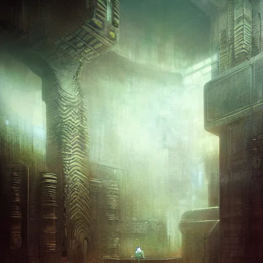 Image similar to lost and alone in a vast future sci - fi cyberpunk brutalist megastructure temple by gustave dore and gustave moreau and beksinski and giger and craig mullins and jeremy mann