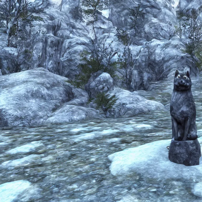 Image similar to an ancient and weathered stone shiba inu statue beside a frozen stream, underneath a nordic arch, skyrim pc screenshot