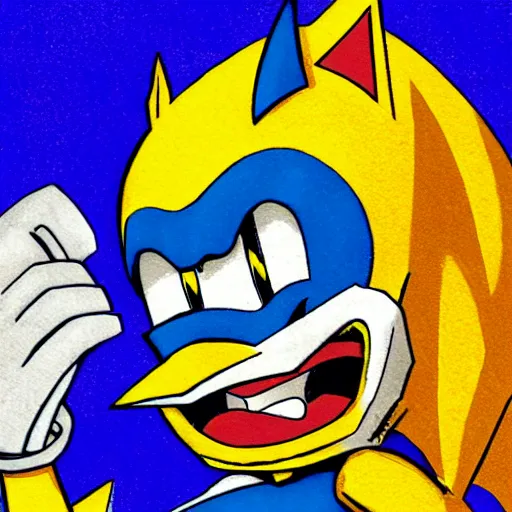 Image similar to super sonic wearing a wooden mask with a smile on it and wielding a bow and arrow, drawn by ian flynn