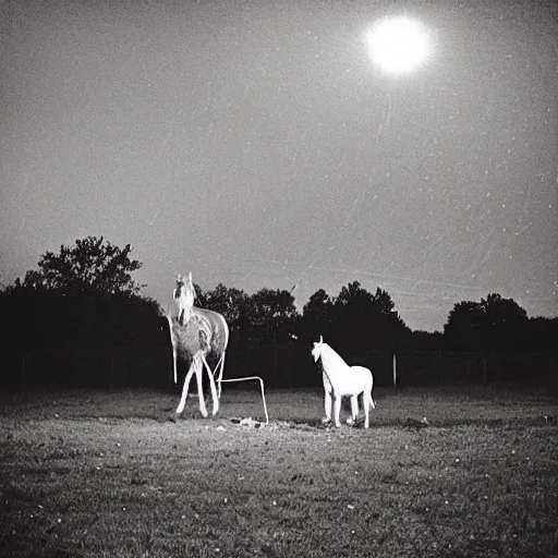 Image similar to “nighttime photograph of scarecrow cowboy and white pony standing in an empty field littered with trash and garbage while fireworks go off in the sky raining glowing burning embers falling from the night sky. Flash photo. 35mm. Cursed image.”