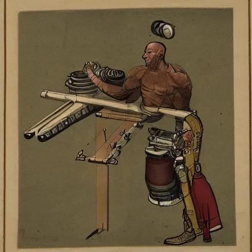 Image similar to a muscular bald man carrying engines on his back, technical diagram