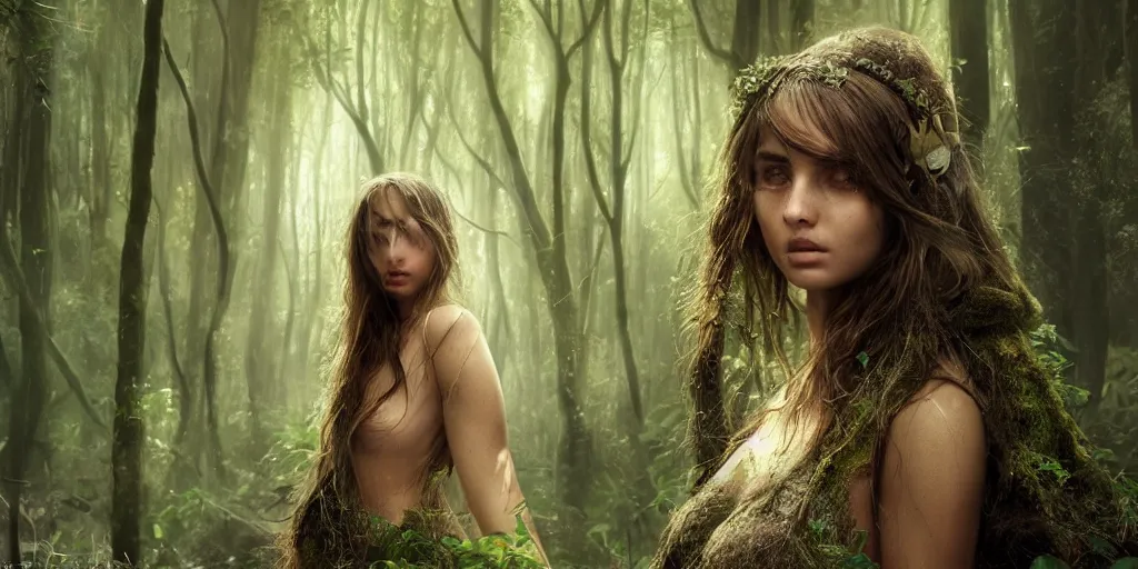 Image similar to a forest nymph in an ancient forest, ana de armas, flawless symmetrical pretty cute face, greg rutkowski, 8 k, shallow depth of field, intricate detail, concept art,