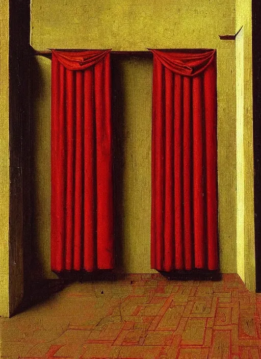 Image similar to red curtain, medieval painting by jan van eyck, johannes vermeer, florence