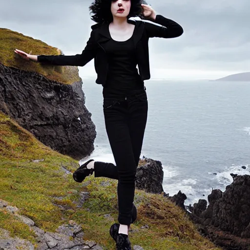 Image similar to 1 7 - year - old pale - skinned persian girl with black long bob cut, long bangs, black gothic jacket, black jeans, psychic girl, psychokinetic girl, standing on cliff along the irish coast, overcast gray skies, ultra - realistic, sharp details, subsurface scattering, intricate details, art by william - adolphe bouguereau