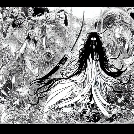 Image similar to highly detailed perspective drawing black and white goetic pen and ink manga panel by hiroya oku!! mucha illustrated sorcerer beautiful attractive long hair chris bell fxv flowing ritual royal!!! vagabond! graphic novel panel swords dramatic esoteric!!!!!! long hair flowing dancing illustrated in high detail by frank miller, shonen jump