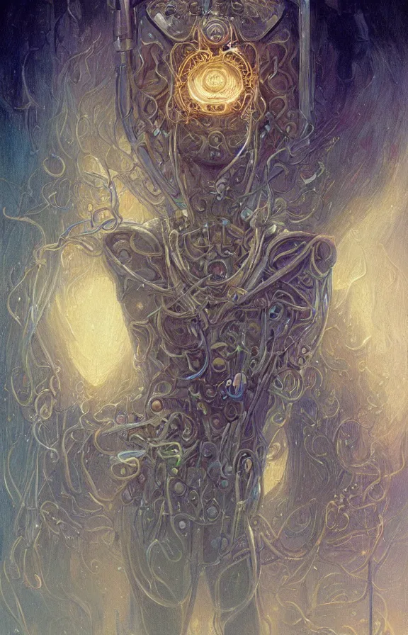 Image similar to a highly detailed beautiful portrait of a robot in the style of jean delville and in the style of peter mohrbacher. glowing rune of magical power.