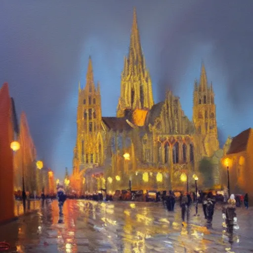 Image similar to an oil painting of Amiens, artstation, interesting lights, cathedral in background, perret