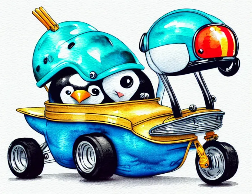 Image similar to cute and funny, penguin wearing a helmet riding in a tiny hot rod with an oversized engine, ratfink style by ed roth, centered award winning watercolor pen illustration, isometric illustration by chihiro iwasaki, edited by range murata, tiny details by artgerm and watercolor girl, symmetrically isometrically centered, sharply focused