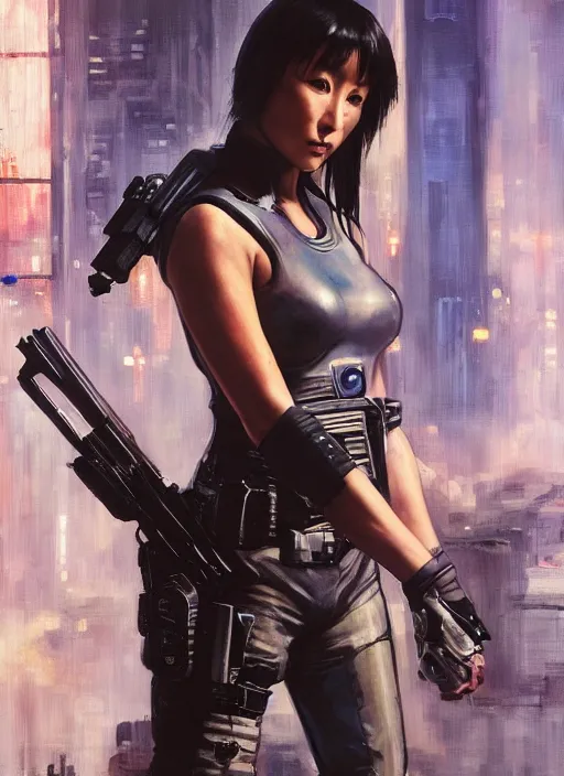 Image similar to chun li. cyberpunk police trooper in a military vest ( blade runner 2 0 4 9, cyberpunk 2 0 7 7 ). orientalist portrait by john william waterhouse and james gurney and theodore ralli and nasreddine dinet, oil on canvas. cinematic, hyper realism, realistic proportions, dramatic lighting, high detail 4 k