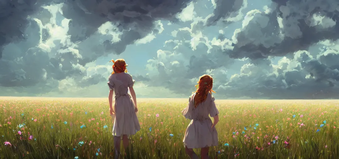 Image similar to a beautiful southern woman named Savannah, innocent, sad turquoise eyes, freckles, long ginger hair tied with white ribbon, relaxed in a field of flowers on a farm, gentle lighting, storm in the distance, somber, western clothing, dress, digital art by Makoto Shinkai ilya kuvshinov and Wojtek Fus, digital art, concept art,