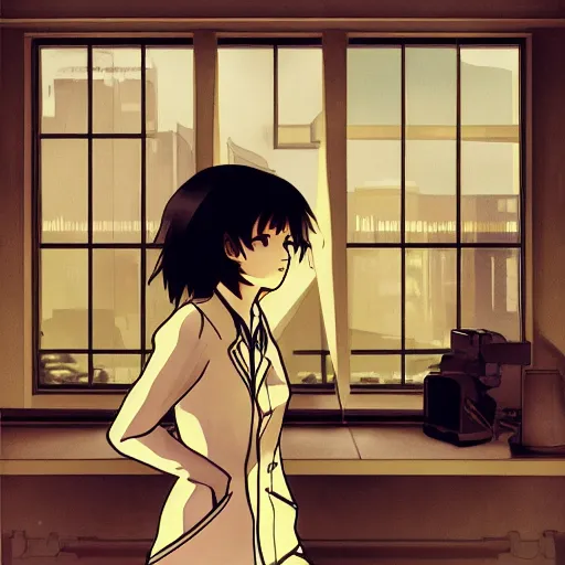 Image similar to a serial experiments lain inspired Leyendecker scenery artwork