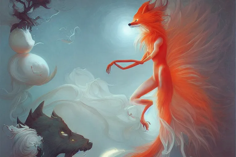 Image similar to prompt A beautiful red orange kumiho, fluffy nine fox tails, Peter Mohrbacher