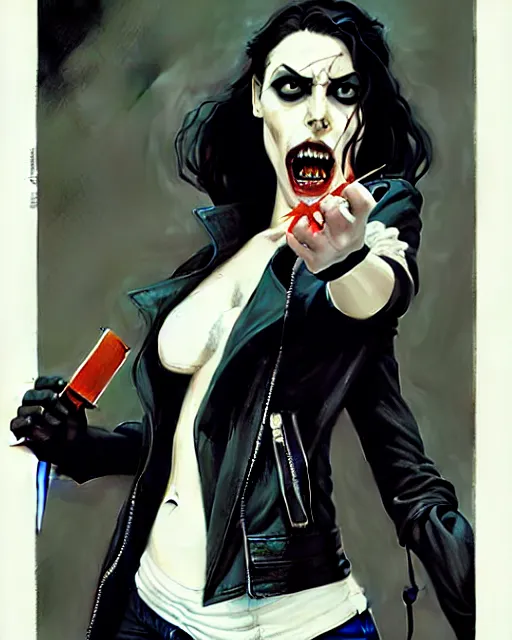 Image similar to rafael albuquerque comic art, peter mohrbacher, phil noto, steve niles, artgerm, pretty willa holland vampire sharp vampire teeth open mouth, symmetrical eyes, black leather jacket, jeans, long black hair